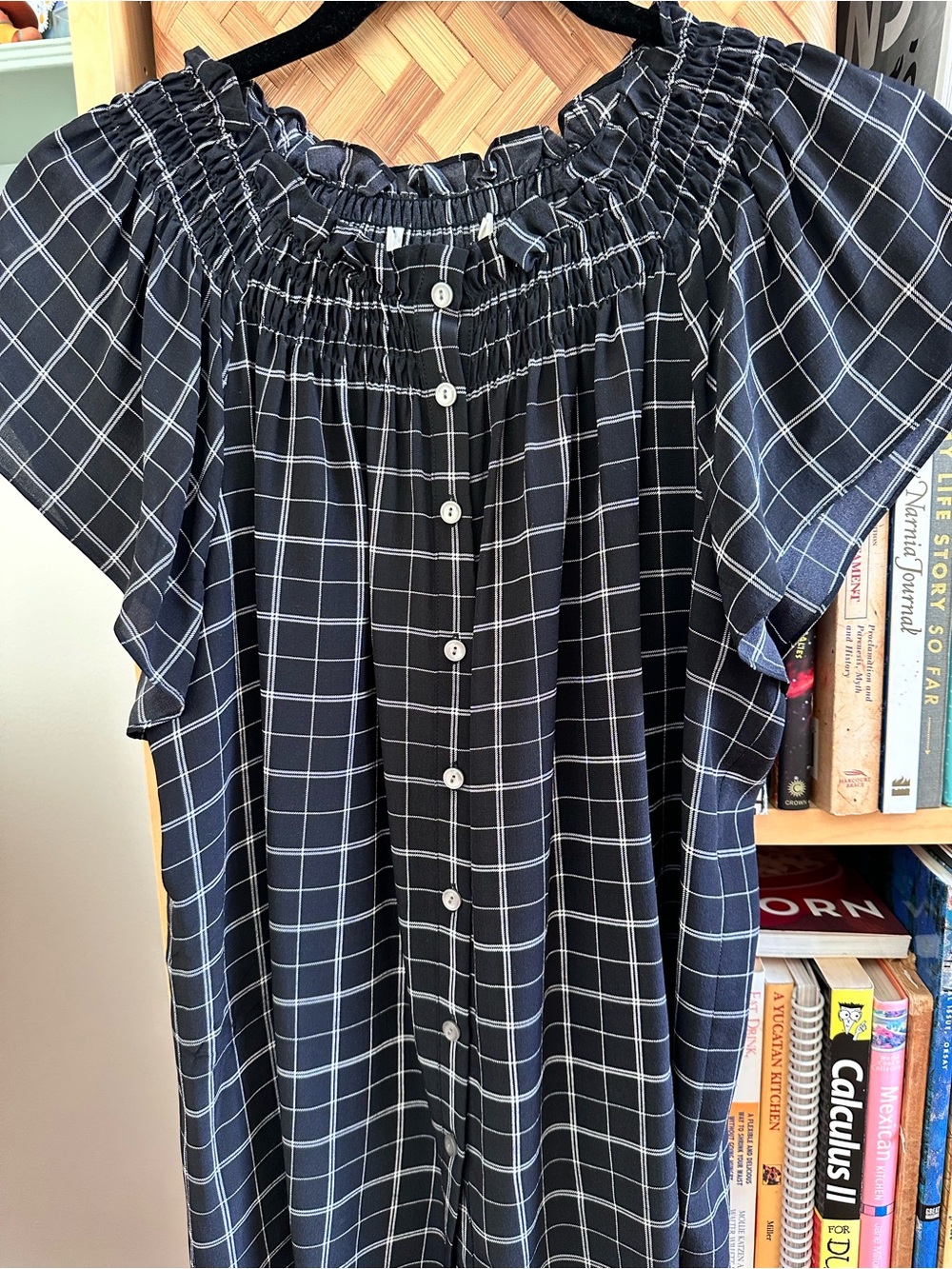 Women’s 100% Silk Black Windowpane Button-Front Blouse